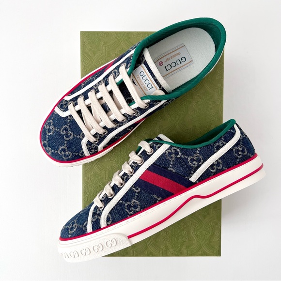 GUCCI | 1977 Tennis Denim GG Monogram Web Stripe Sneakers EU 39 US 9 New - Picture 1 of 9